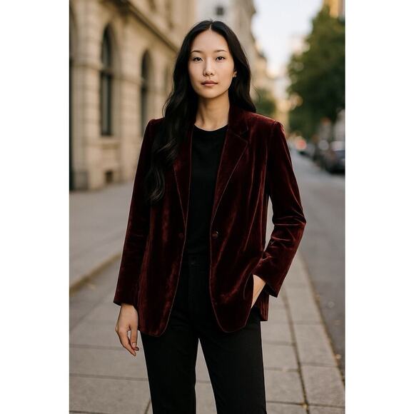 Eileen Fisher Silk Blend Velvet Blazer Jacket Medium Burgundy Pockets Holiday - Picture 3 of 16